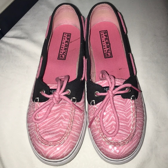 Pink Zebra w/ clear sequin & Navy Trim Sperry. - Picture 1 of 6